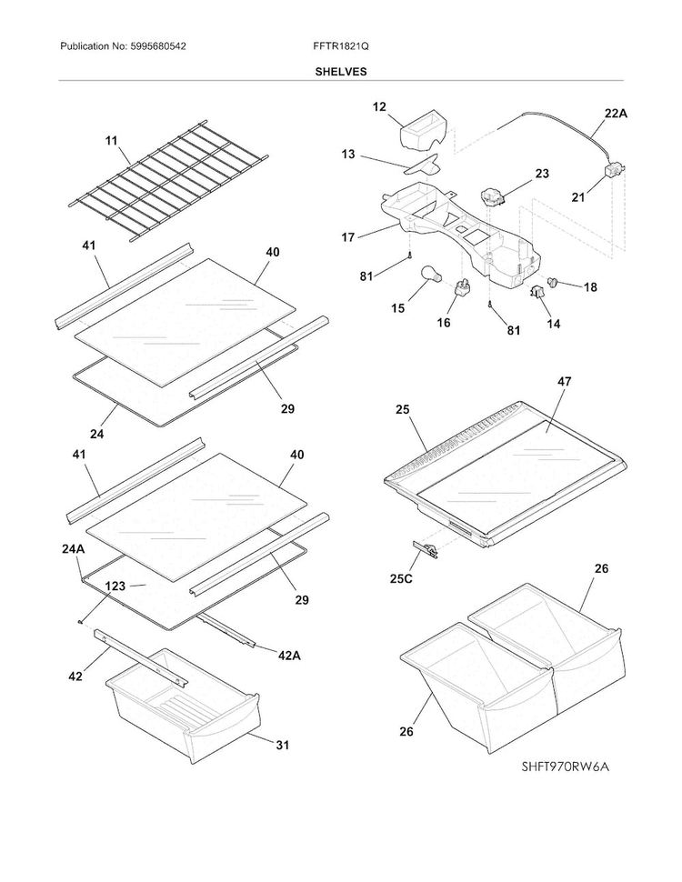Shelves Diagram and Parts List for FFTR1821QW6A  Frigidaire Refrigerator