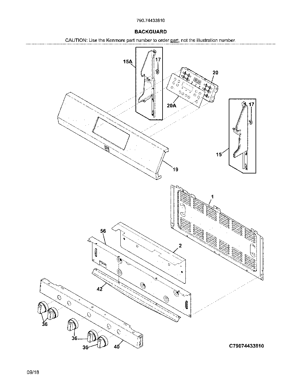 Backguard Diagram and Parts List for 79074433810  Kenmore Range