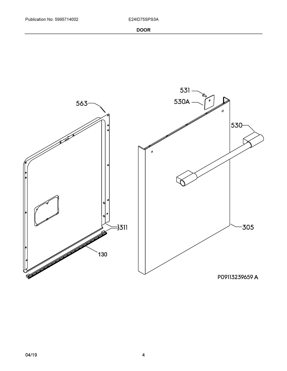 Door Diagram and Parts List for E24ID75SPS3A  Frigidaire Dishwasher