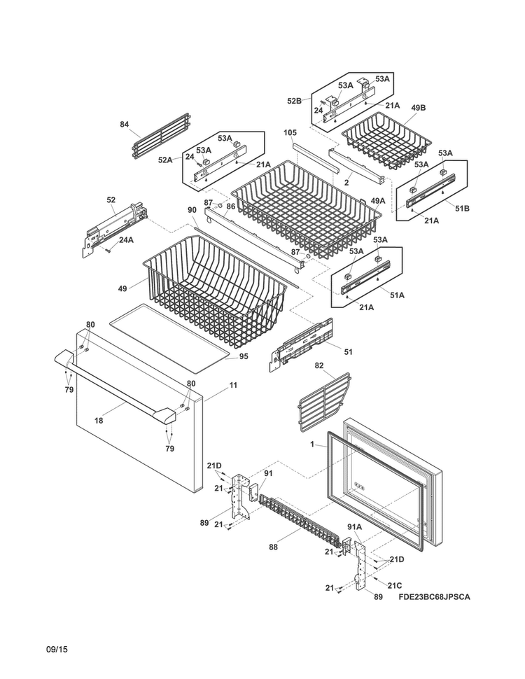 Freezer Drawer, Baskets Diagram and Parts List for E23BC68JPSCA  Electrolux Refrigerator