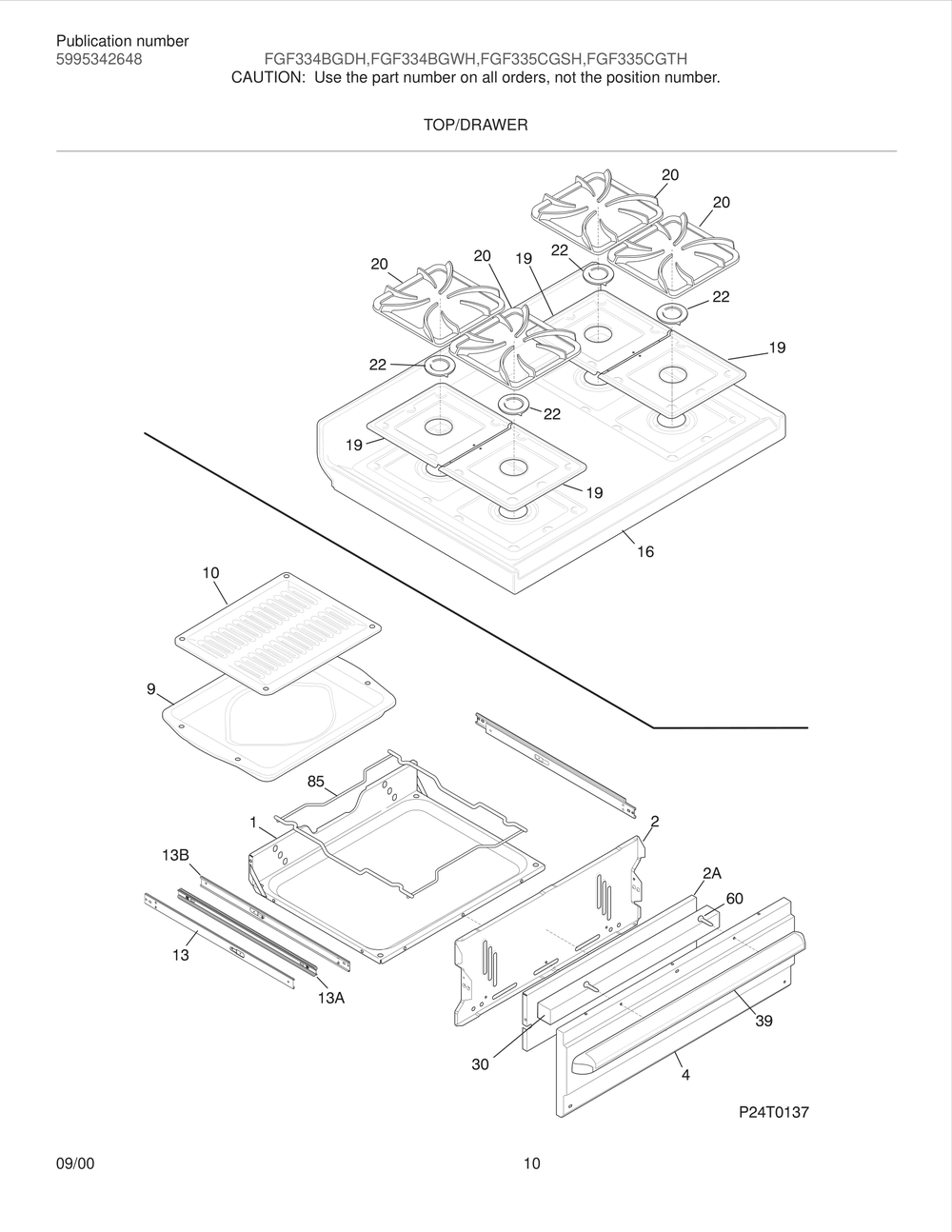 Top/Drawer Diagram and Parts List for FGF335CGSH  Frigidaire Range