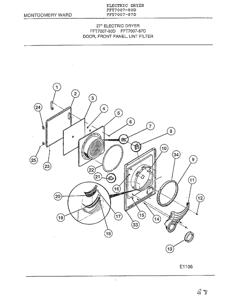 Door, Front Panel, Lint Filter Diagram and Parts List for 7007-80D  Frigidaire Dryer