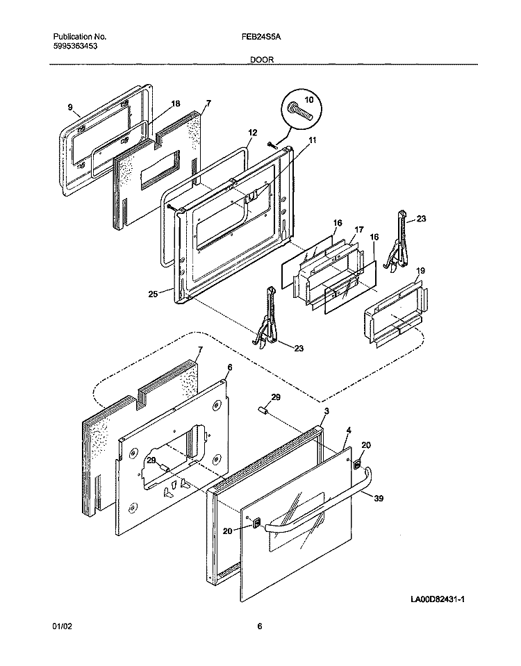 DOOR Diagram and Parts List for FEB24S5AQA  Frigidaire Wall Oven