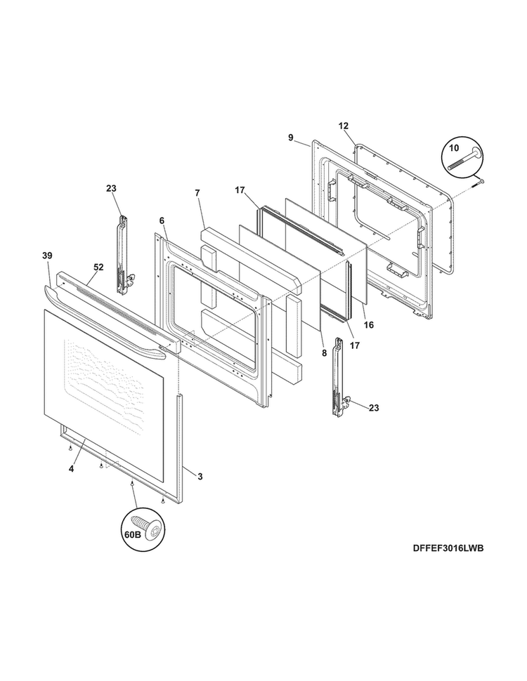 Door Diagram and Parts List for FFEF3017ZWD  Frigidaire Range
