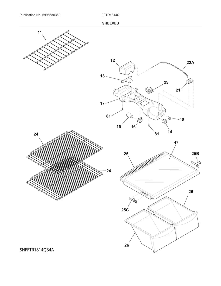 Shelves Diagram and Parts List for FFTR1814QW5A  Frigidaire Refrigerator