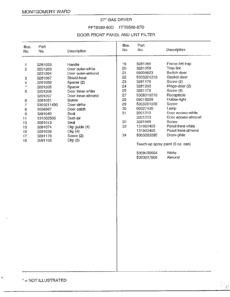 Door Front Panel And Lint Filter Page 2 Diagram and Parts List for 8589-80D  Frigidaire Dryer