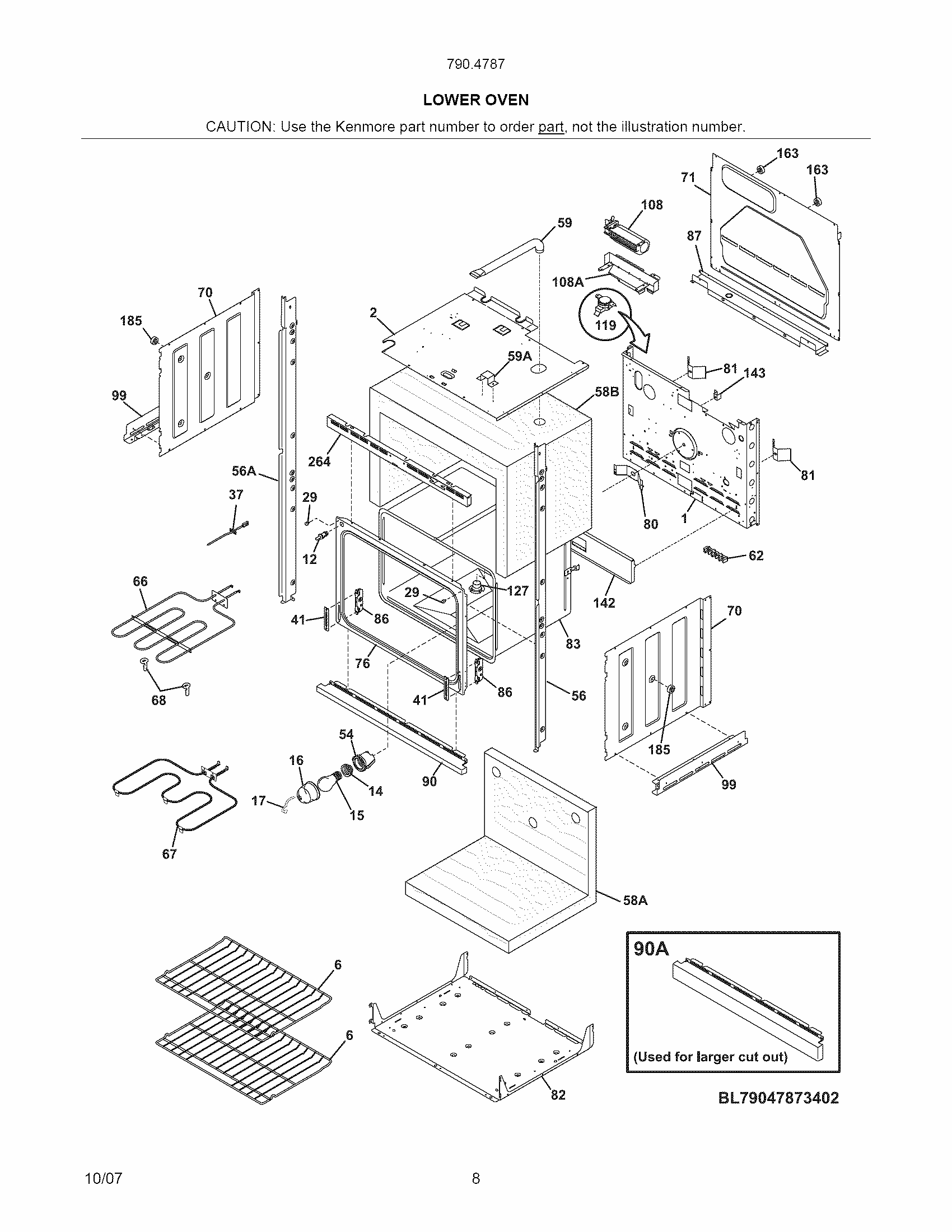 Lower Oven Diagram and Parts List for 79047872406  Kenmore Wall Oven