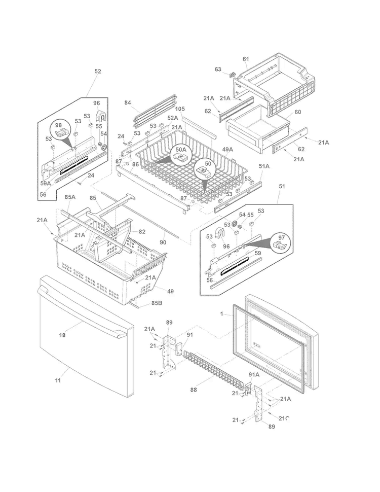 Freezer Drawer, Baskets Diagram and Parts List for EW23BC85KS3  Electrolux Refrigerator