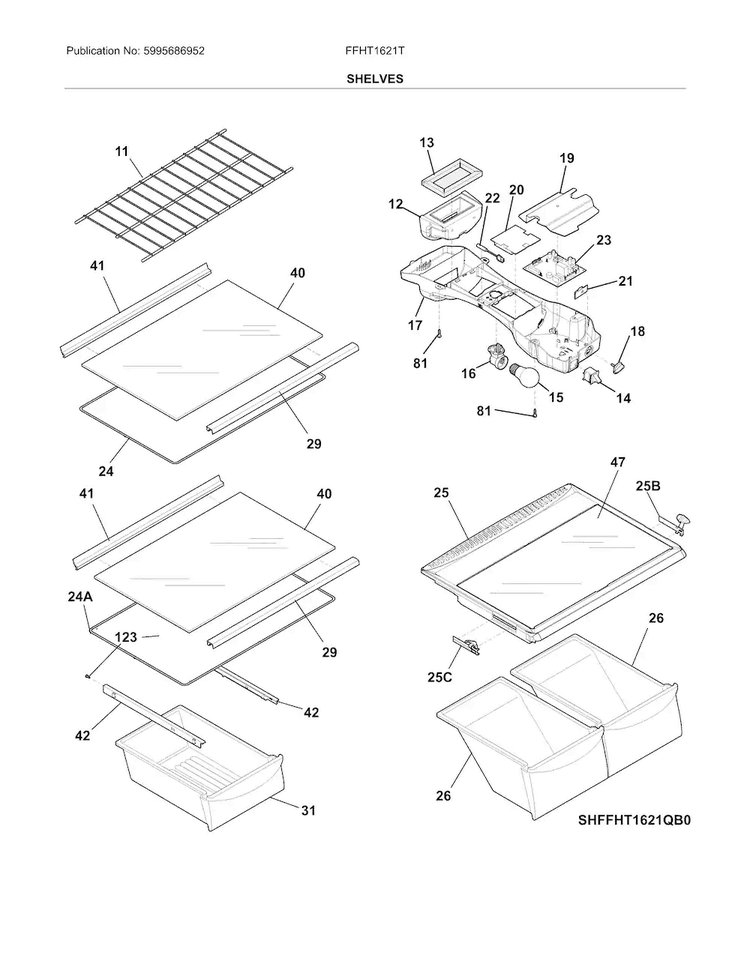 Shelves Diagram and Parts List for FFHT1621TB0  Frigidaire Refrigerator