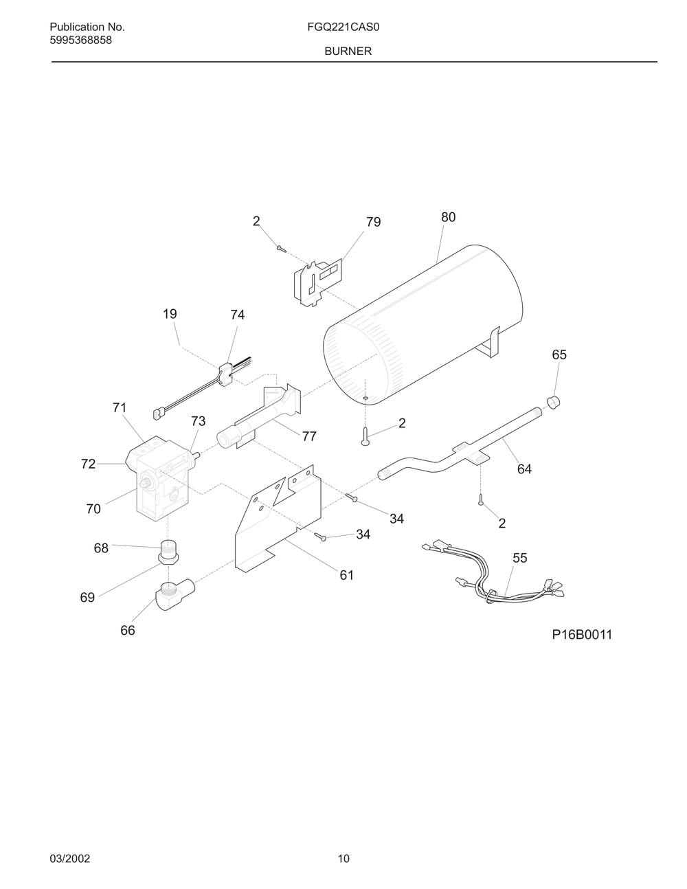Burner Diagram and Parts List for FGQ221CAS0  Frigidaire Dryer