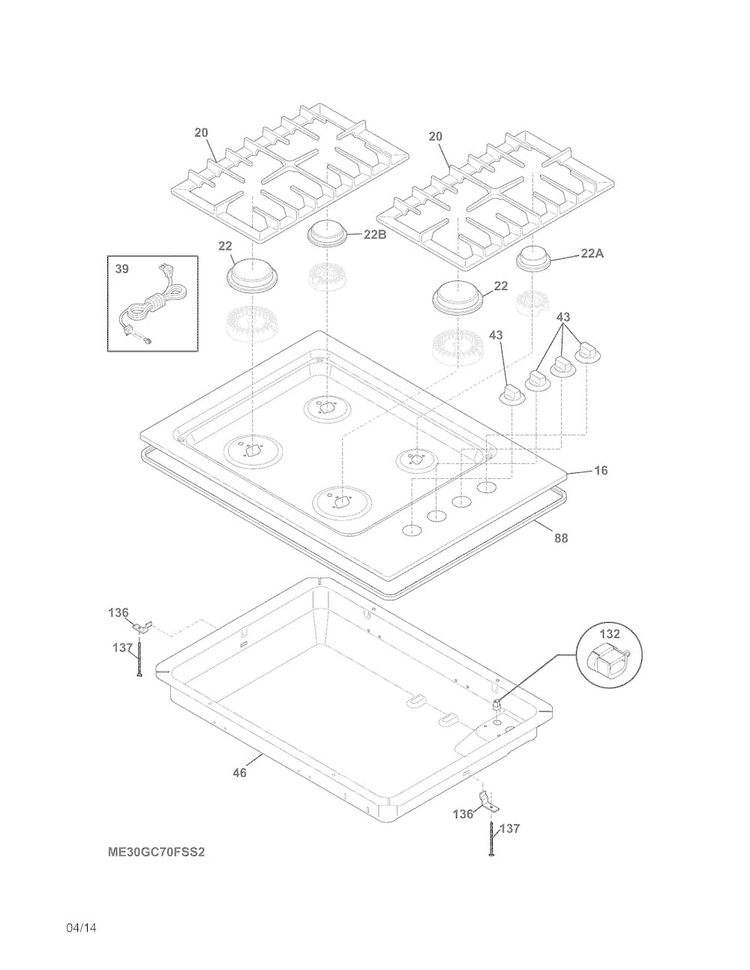 Cook Top Diagram and Parts List for E30GC70FSS3  Electrolux Cooktop