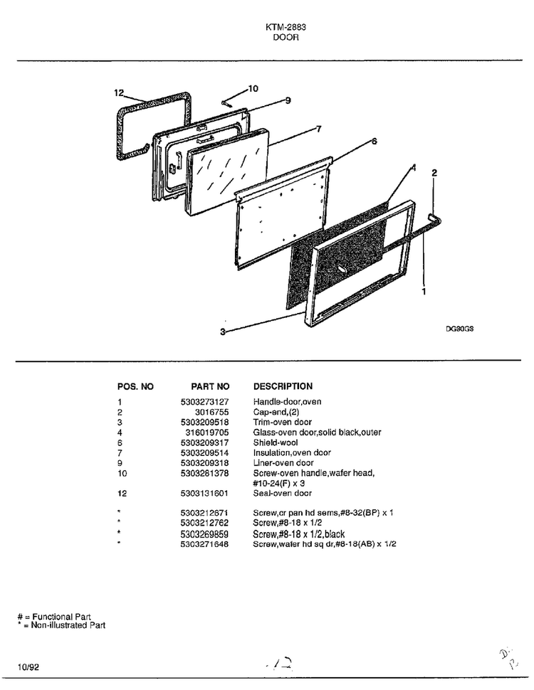 Door Diagram and Parts List for 2883  Frigidaire Range