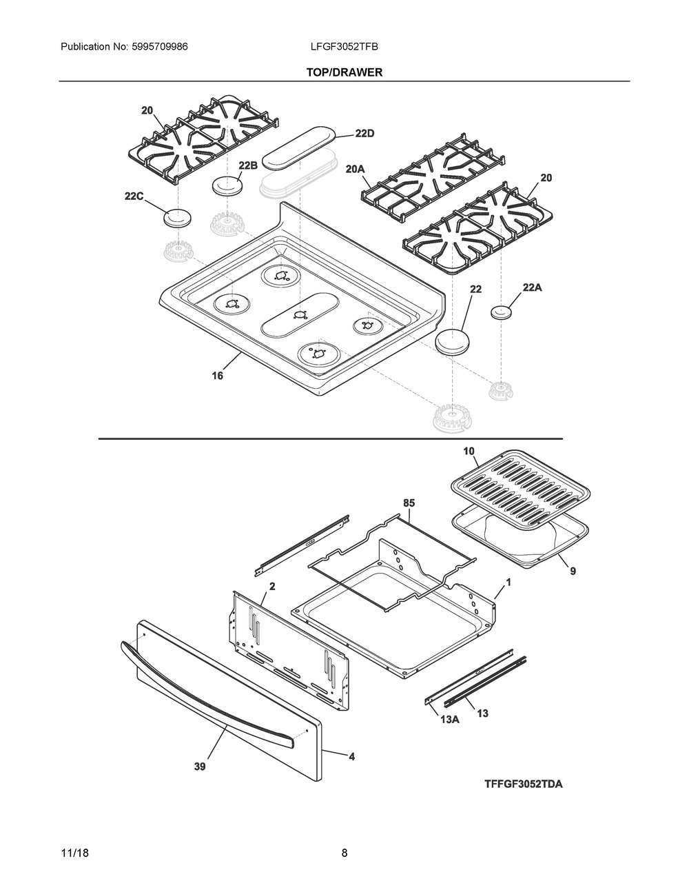 Top/drawer Diagram and Parts List for LFGF3052TFB  Frigidaire Range