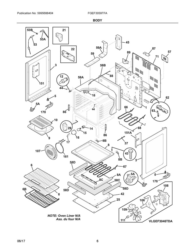 Body Diagram and Parts List for FGEF3059TFA  Frigidaire Range