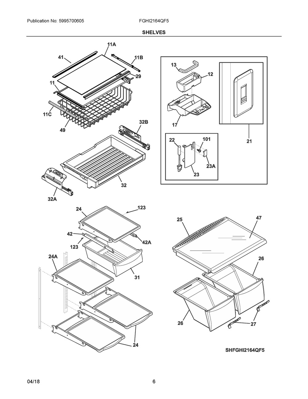 Shelves Diagram and Parts List for FGHI2164QF5  Frigidaire Refrigerator