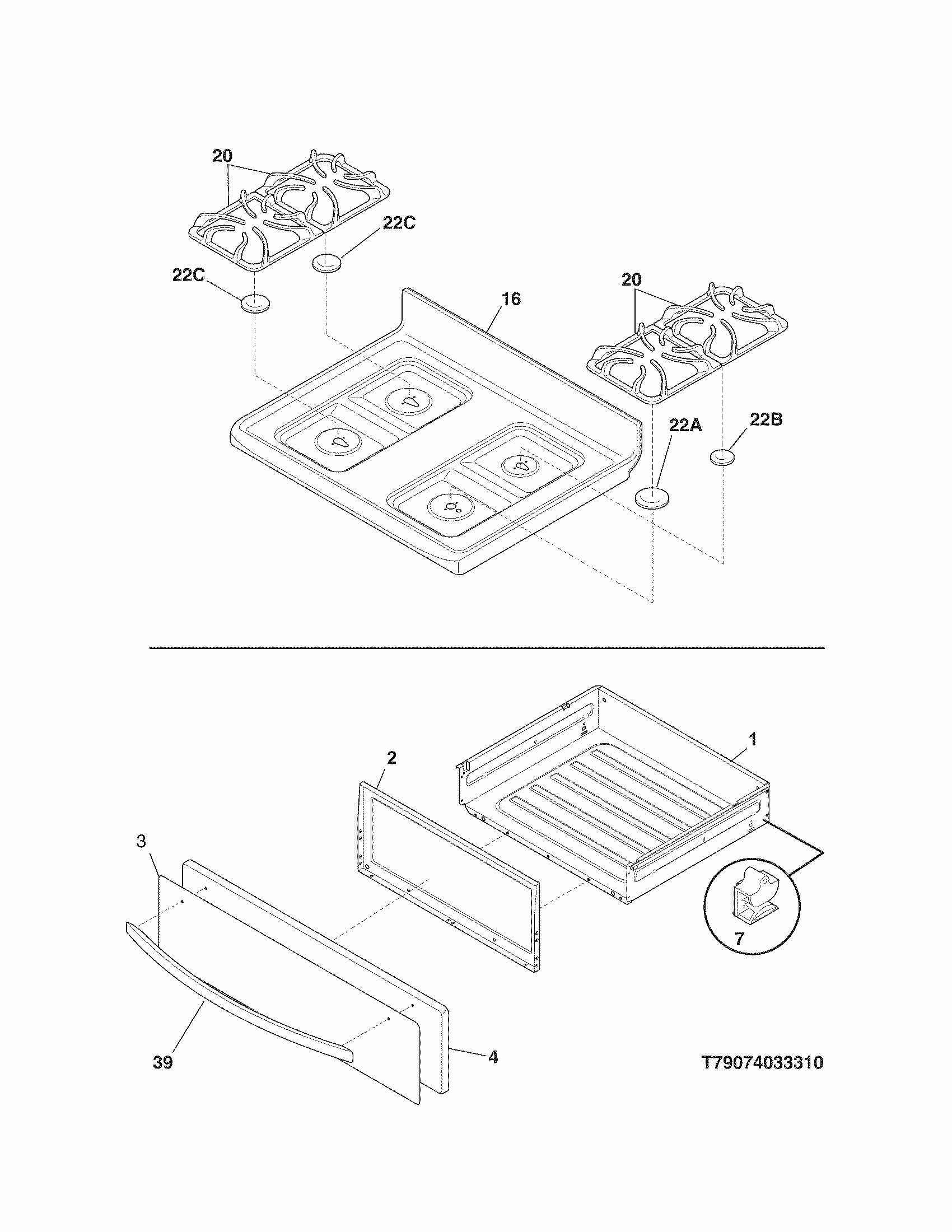 Top/drawer Diagram and Parts List for 79074033310  Kenmore Range