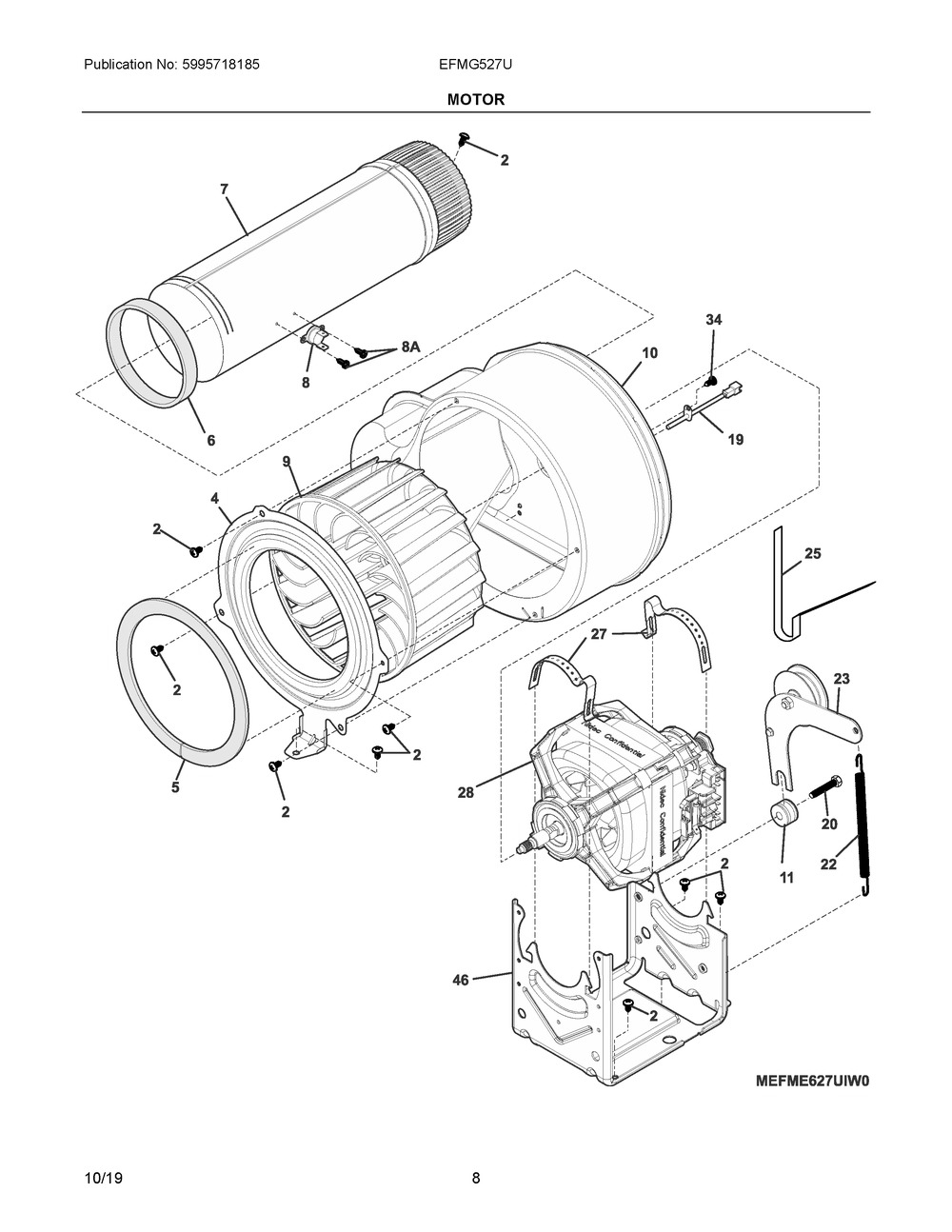 Motor Diagram and Parts List for EFMG527UTT0  Frigidaire Dryer