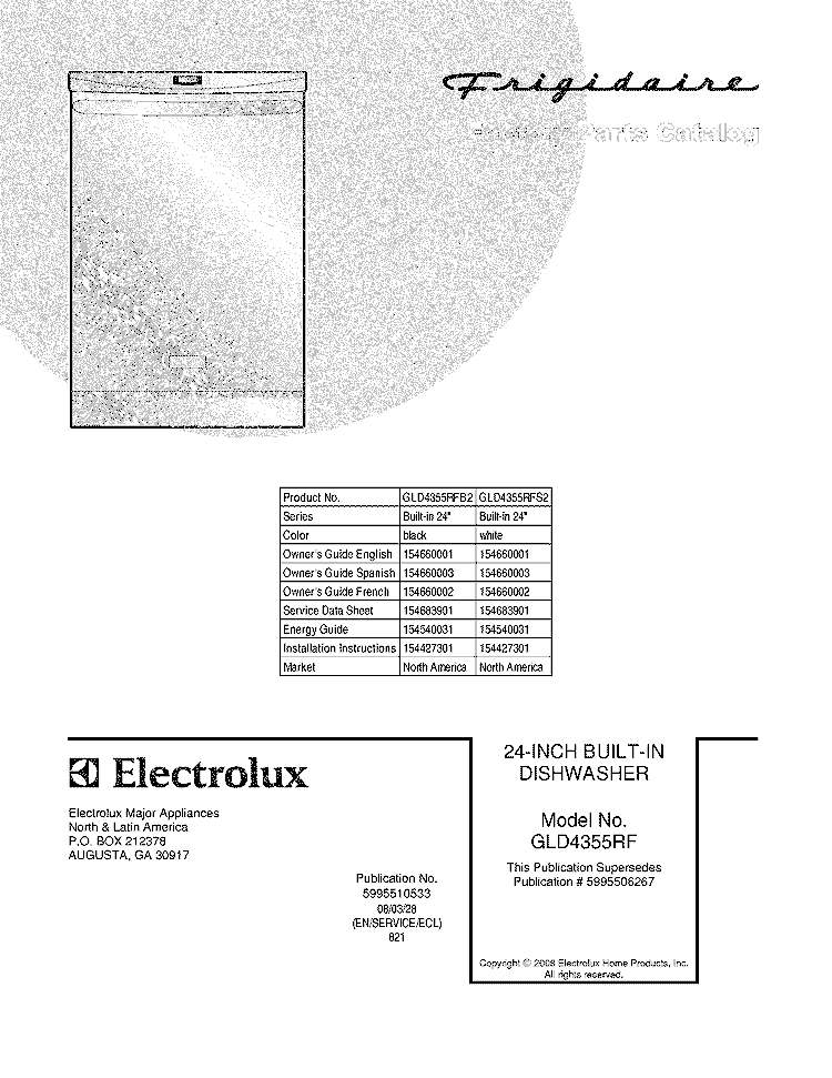 COVER Diagram and Parts List for GLD4355RFB2  Frigidaire Dishwasher