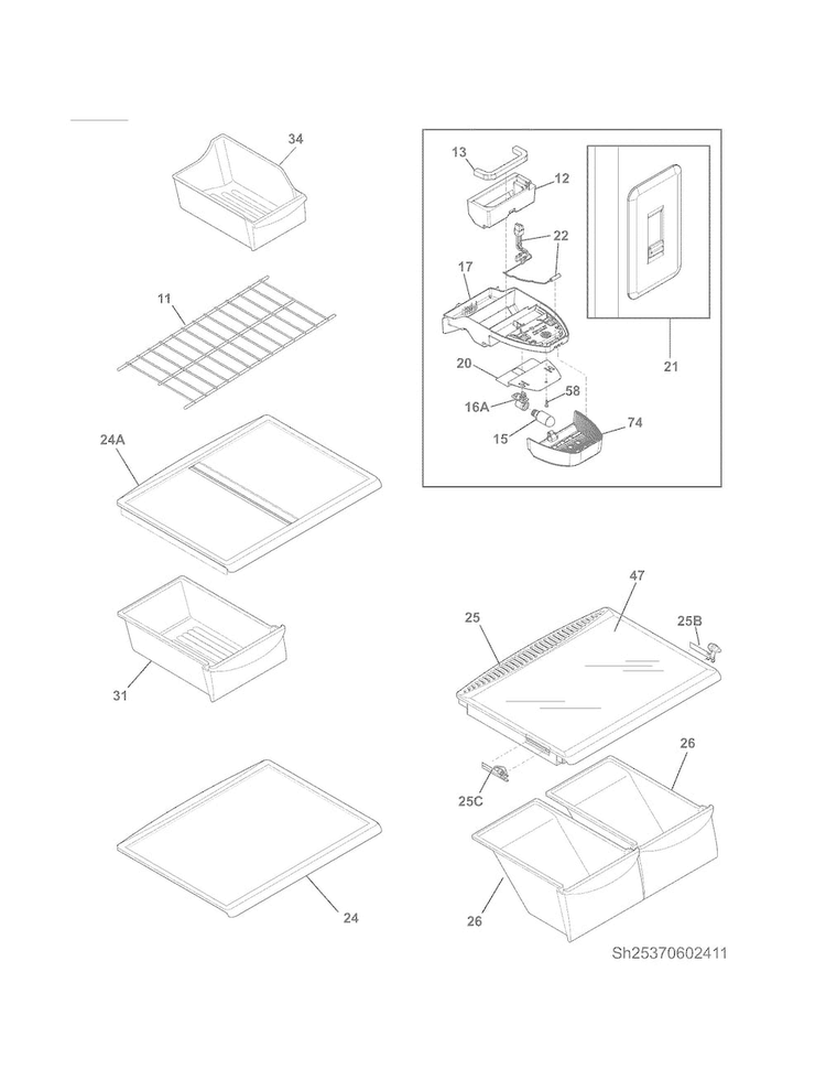 Shelves Diagram and Parts List for 25370603411  Kenmore Refrigerator