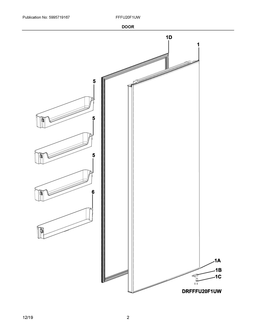 Door Diagram and Parts List for FFFU20F1UW  Frigidaire Freezer