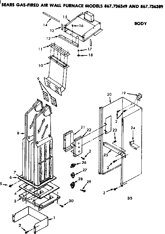 Body Diagram and Parts List for 867736349  Frigidaire Furnace