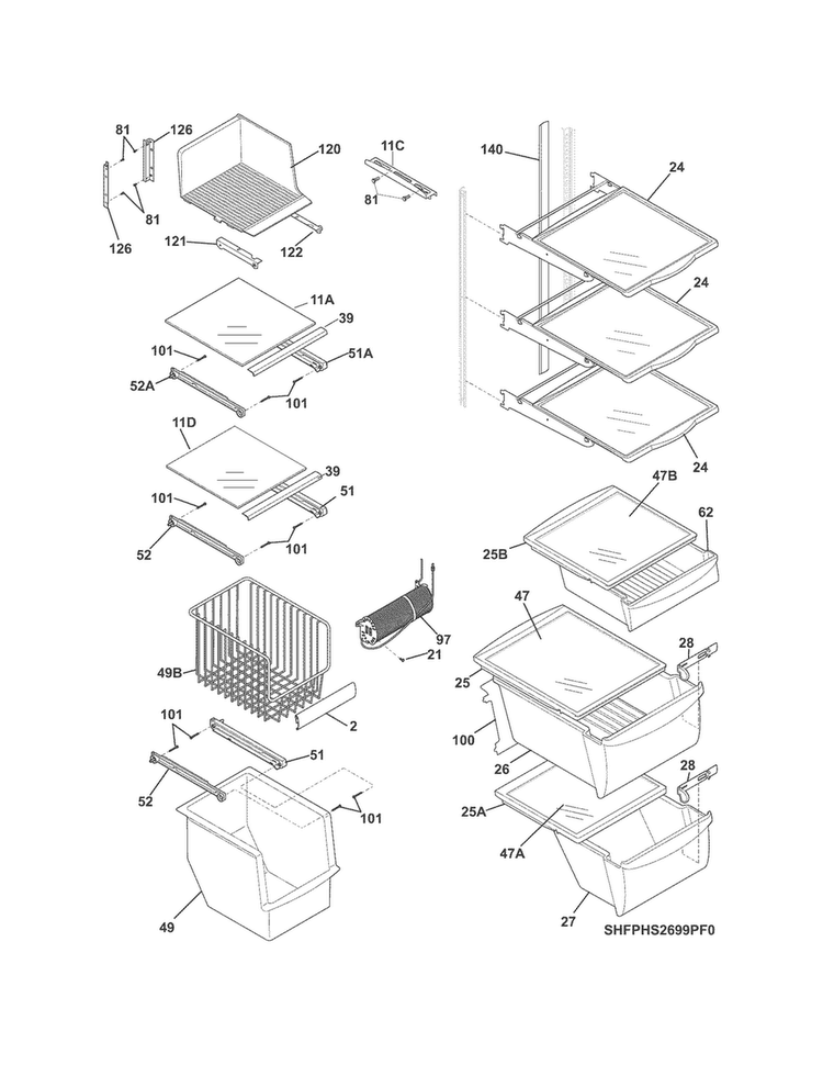 Shelves Diagram and Parts List for FPHS2699PF1  Frigidaire Refrigerator