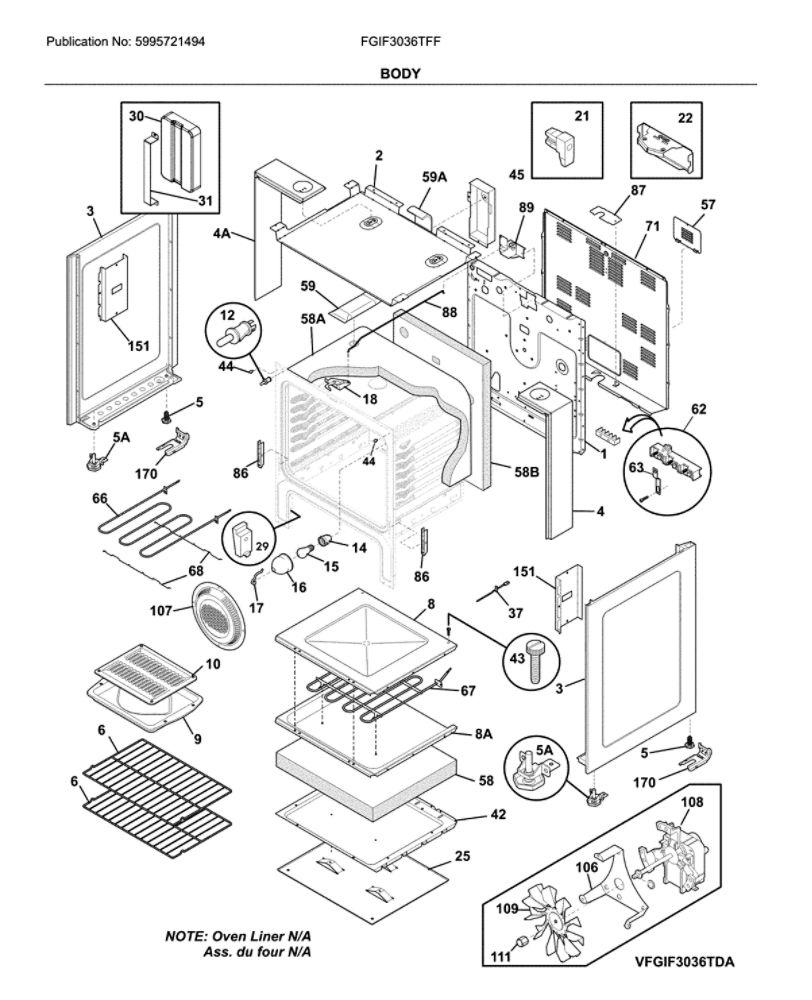 Body Diagram and Parts List for FGIF3036TFF  Frigidaire Range