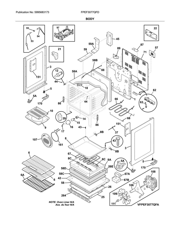 Body Diagram and Parts List for FPEF3077QFD  Frigidaire Range