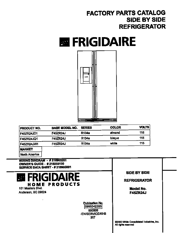 COVER Diagram and Parts List for F45ZR24JW1  Frigidaire Refrigerator