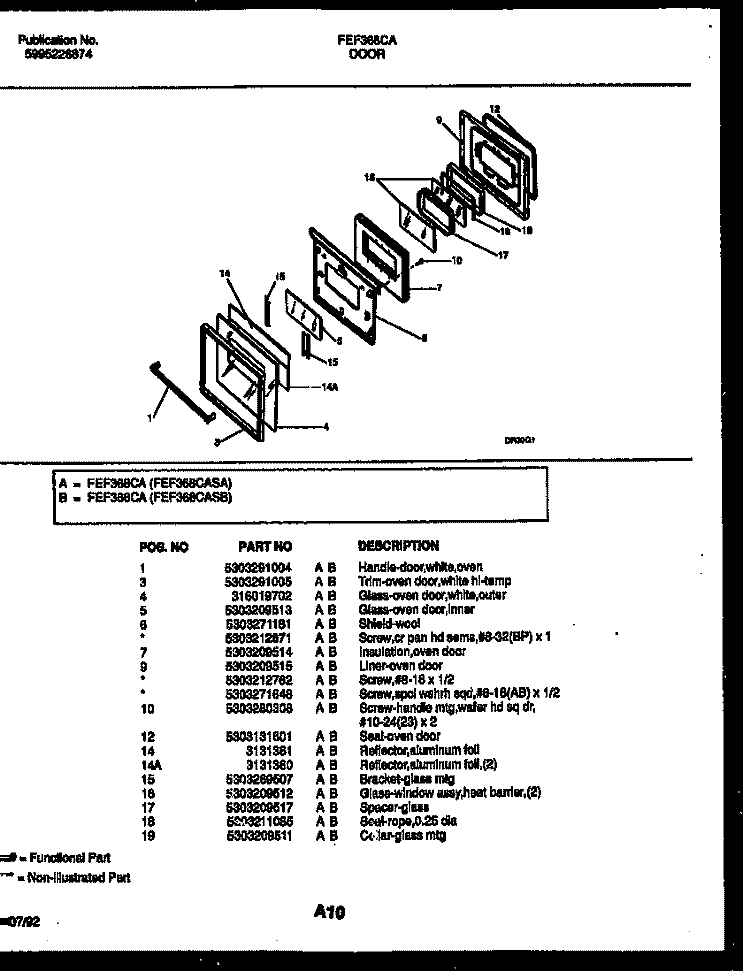 DOOR PARTS Diagram and Parts List for FEF368CASA  Frigidaire Range