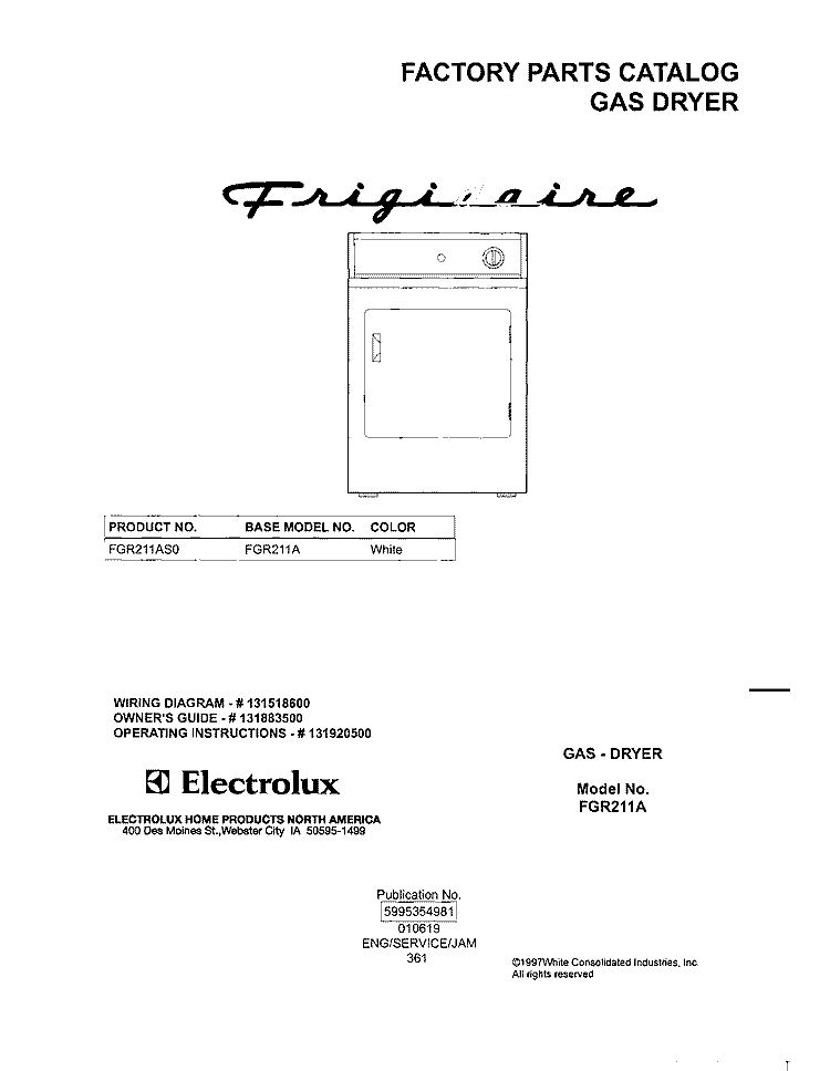 COVER Diagram and Parts List for FGR211AS0  Frigidaire Dryer