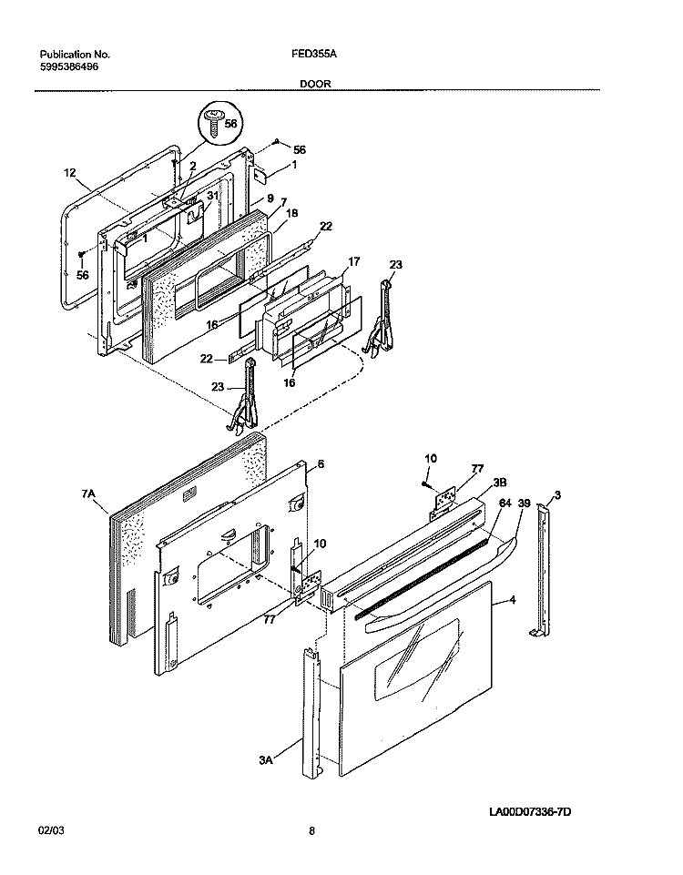 DOOR Diagram and Parts List for FED355ASF  Frigidaire Range