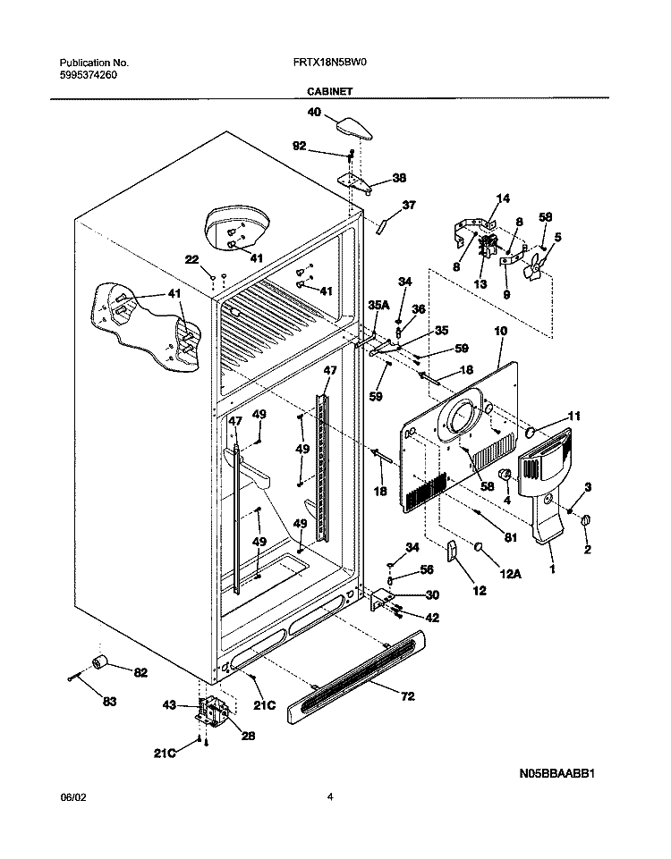 CABINET Diagram and Parts List for FRTX18N5BW0  Frigidaire Refrigerator