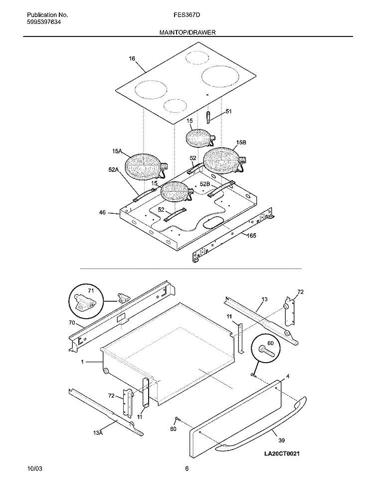 TOP / DRAWER Diagram and Parts List for FES367DCA  Frigidaire Range