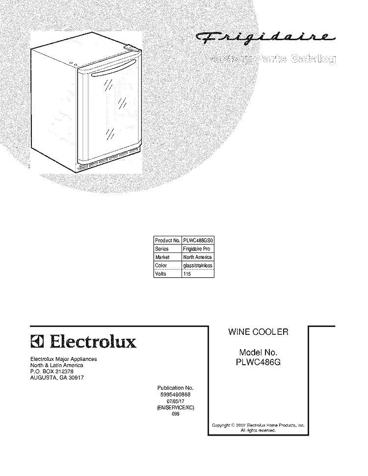 COVER Diagram and Parts List for PLWC486GS0  Frigidaire Wine and Beverage Cooler