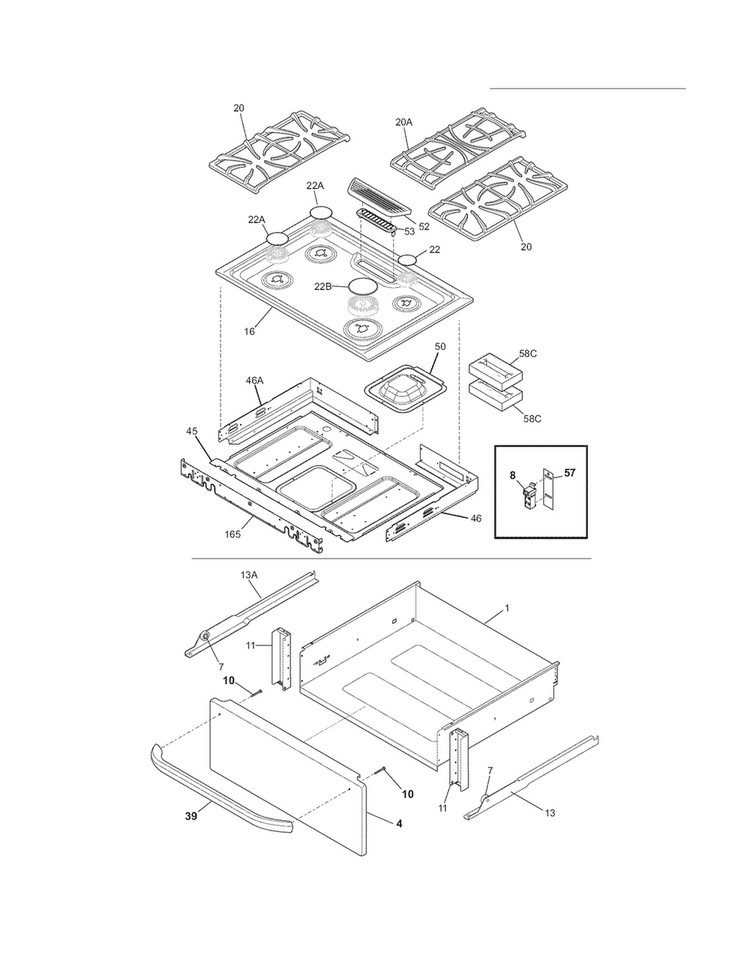 Top/drawer Diagram and Parts List for CFGS3035LS3  Frigidaire Range