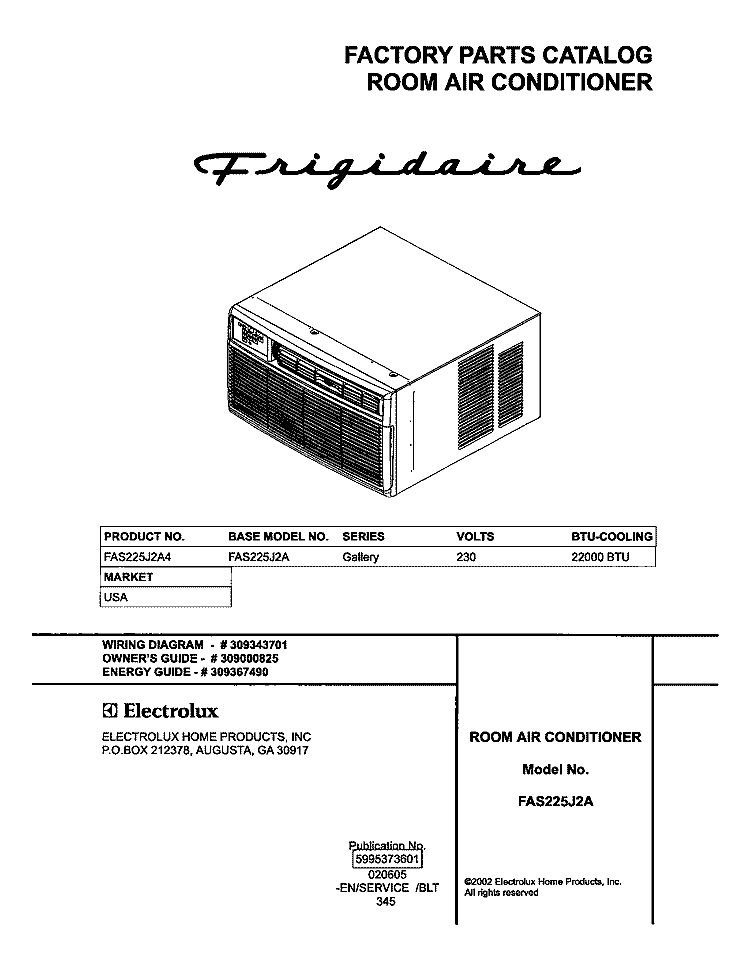COVER Diagram and Parts List for FAS225J2A4  Frigidaire Air Conditioner