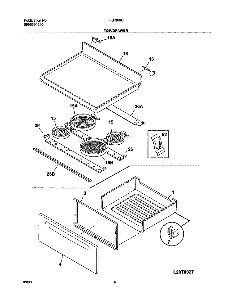 TOP / DRAWER Diagram and Parts List for FEF366CSB  Frigidaire Range