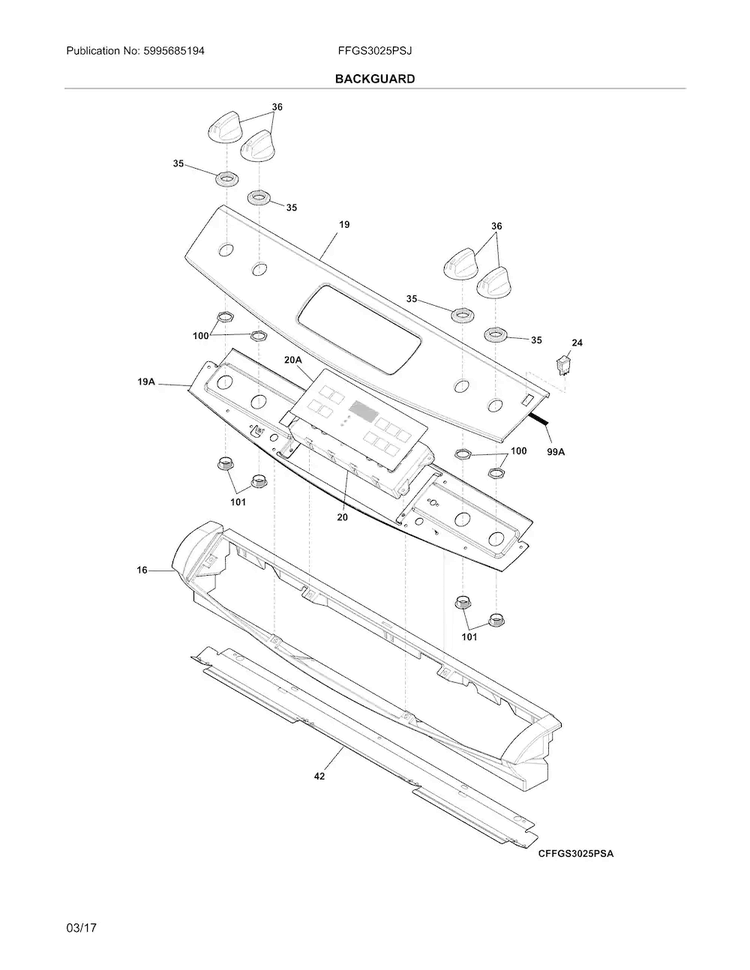 Backguard Diagram and Parts List for FFGS3025PSJ  Frigidaire Range