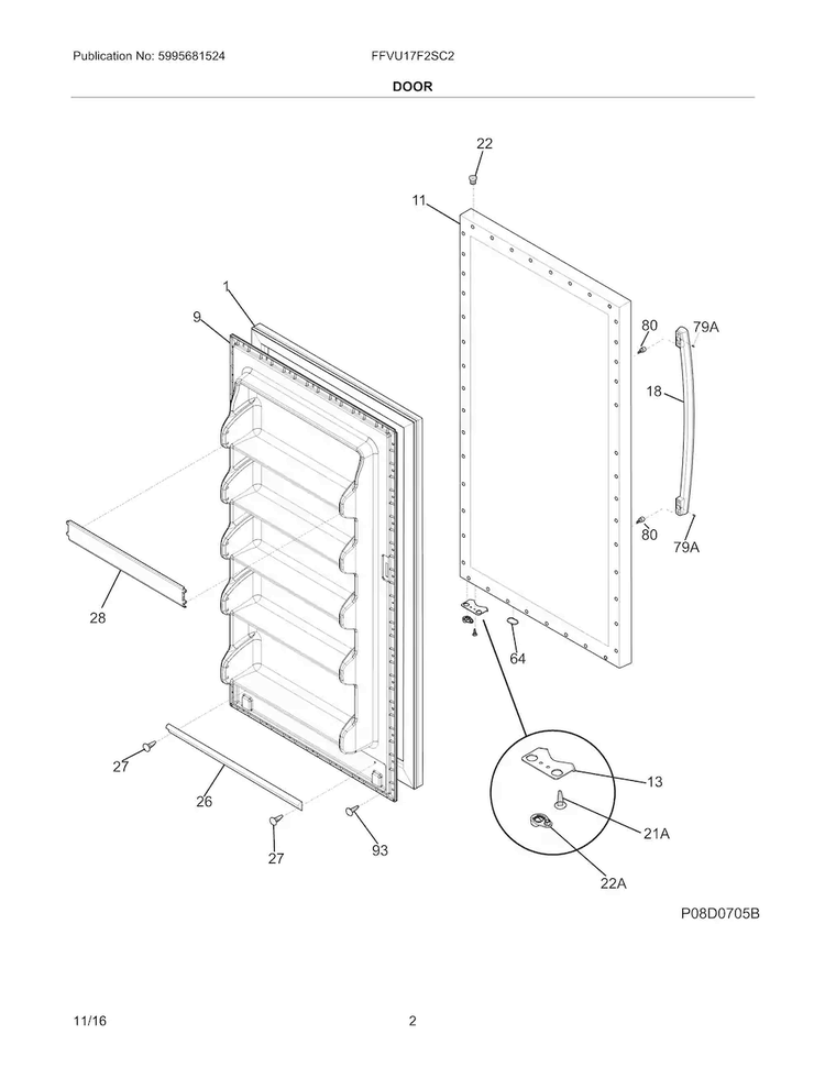 Door Diagram and Parts List for FFVU17F2SC2  Frigidaire Freezer