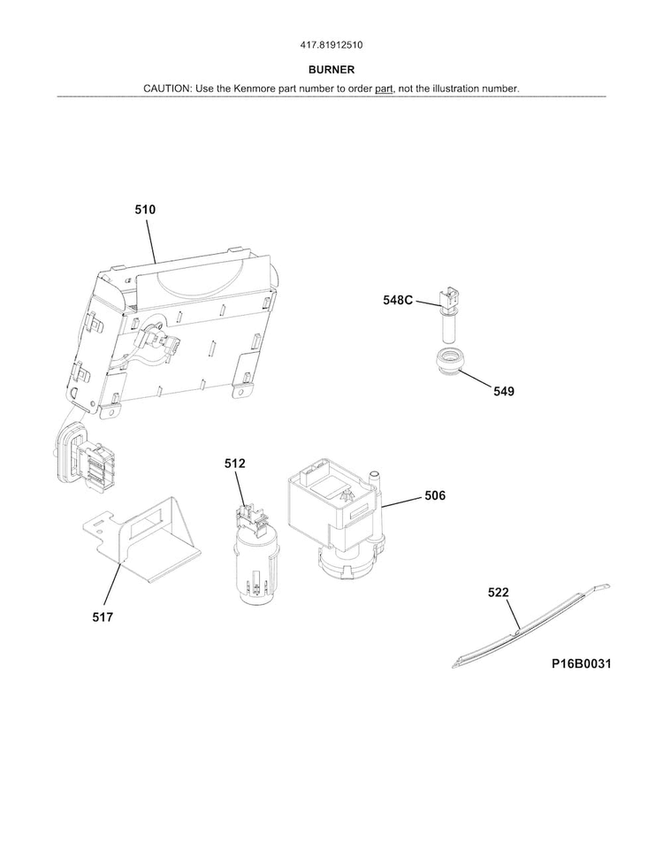 Burner Diagram and Parts List for 41781912510  Kenmore Dryer