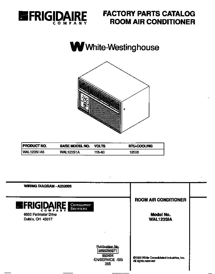 COVER Diagram and Parts List for WAL123S1A5  Frigidaire Air Conditioner