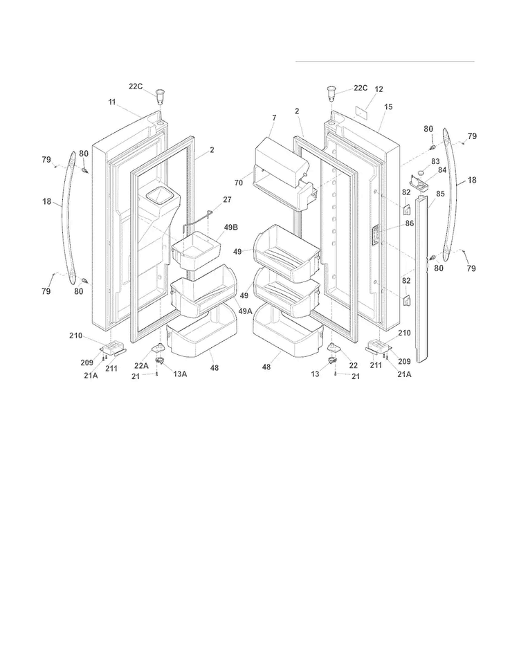 Fresh Food Doors Diagram and Parts List for FGHB2844LFA  Frigidaire Refrigerator