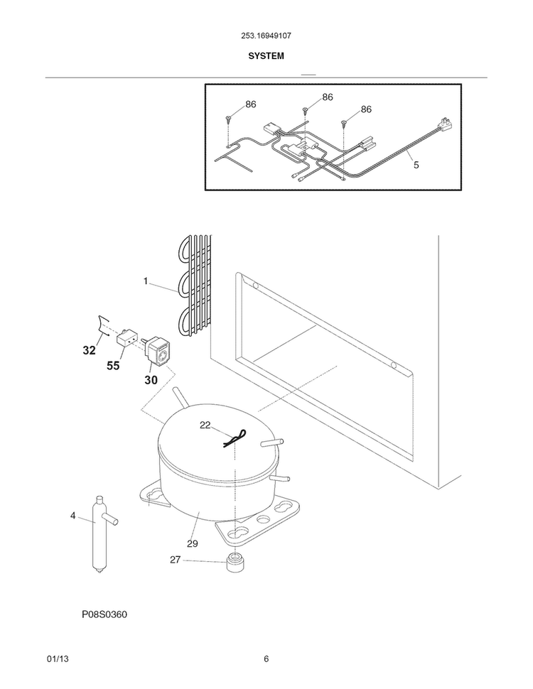 System Diagram and Parts List for 25316949107  Kenmore Freezer