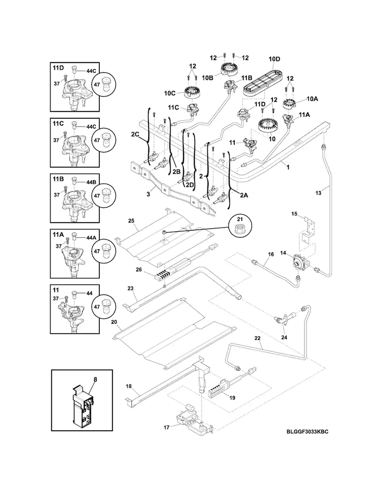 Burner Diagram and Parts List for LGGF3043KFT  Frigidaire Range