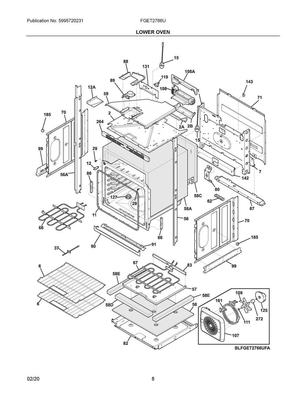 Lower Oven Diagram and Parts List for FGET2766UDB  Frigidaire Range