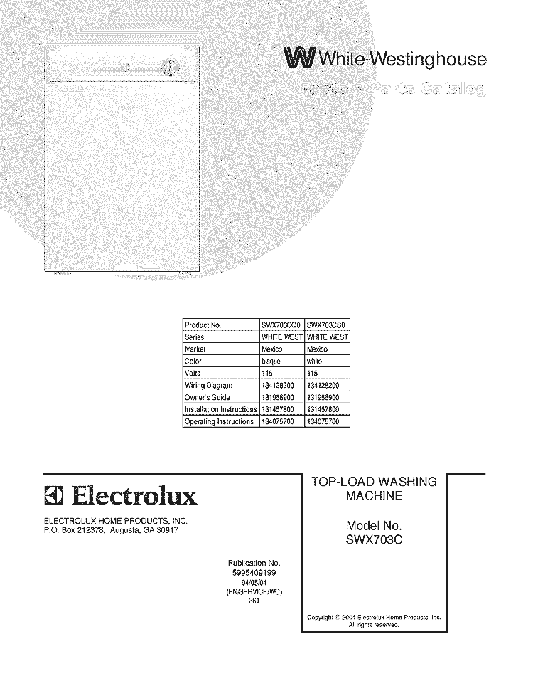 COVER Diagram and Parts List for SWX703CS0  Westinghouse Washer