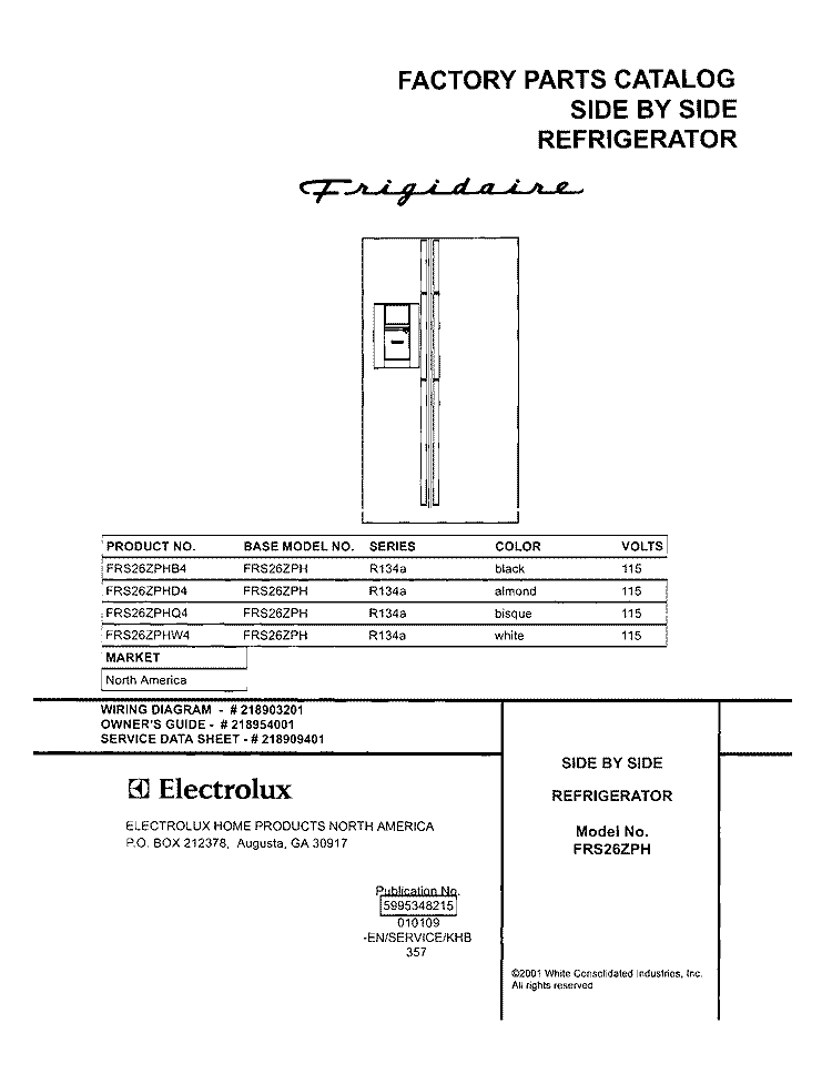 COVER Diagram and Parts List for FRS26ZPHD4  Frigidaire Refrigerator