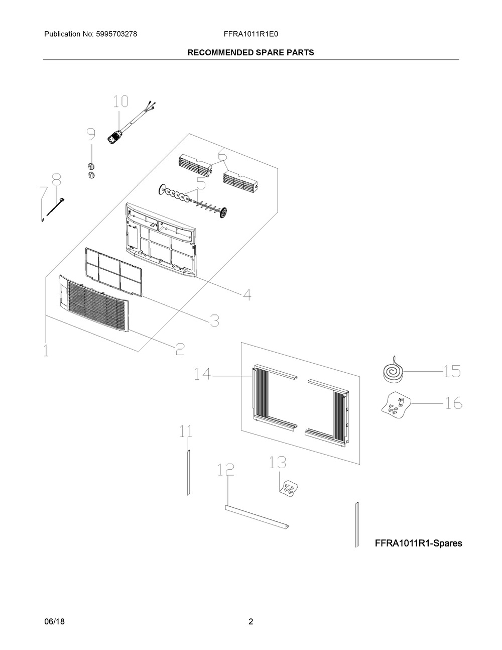 Recommended Spare Parts Diagram and Parts List for FFRA1011R1E0  Frigidaire Air Conditioner