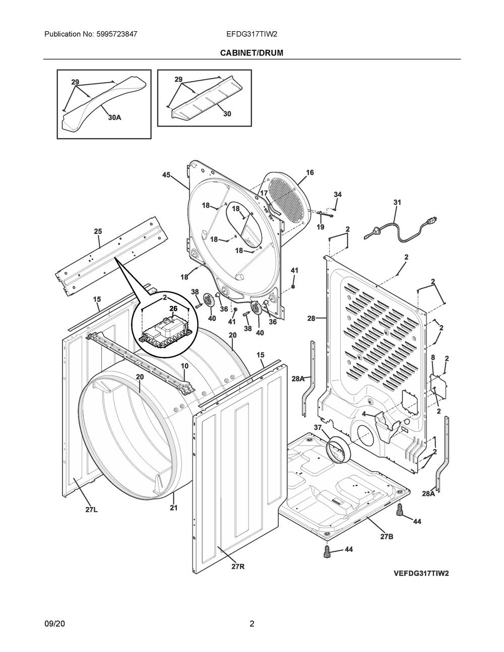 Cabinet/Drum Diagram and Parts List for EFDG317TIW2  Frigidaire Dryer